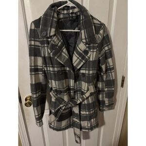 Joujou Womens Grey Plaid Double Breasted Belted Peacoat Jacket Size M